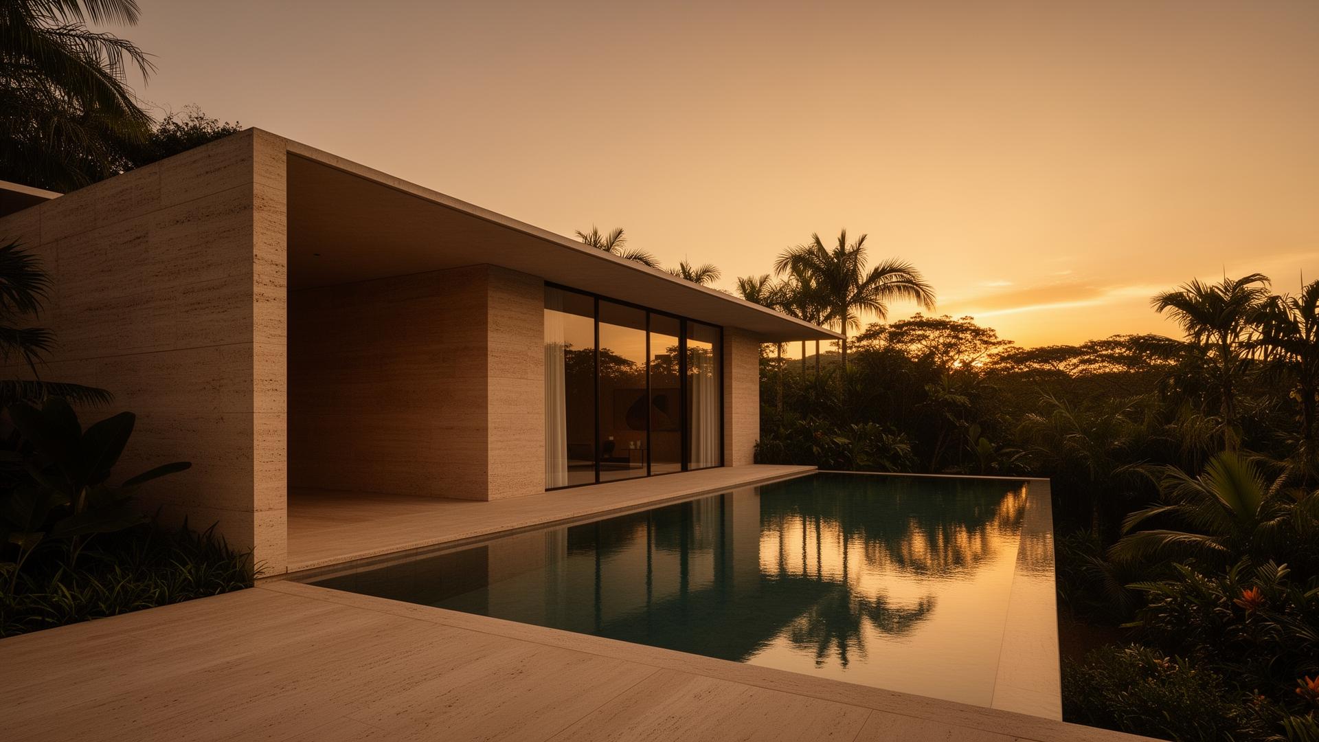 Residência de alto padrão em travertino ao entardecer